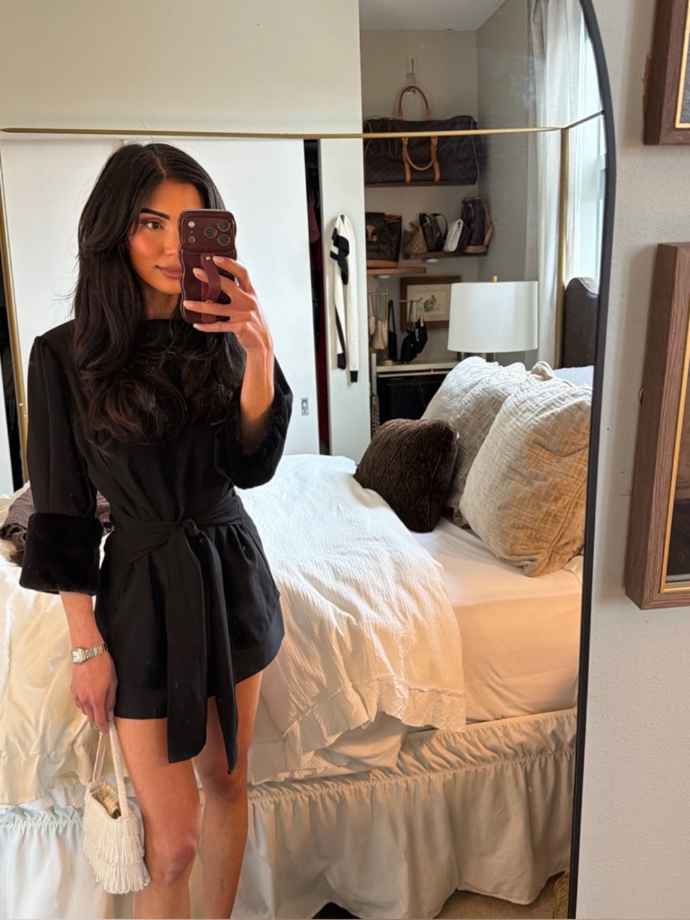 Zara Black Faux Fur Cuff Tie-Waist Blouse